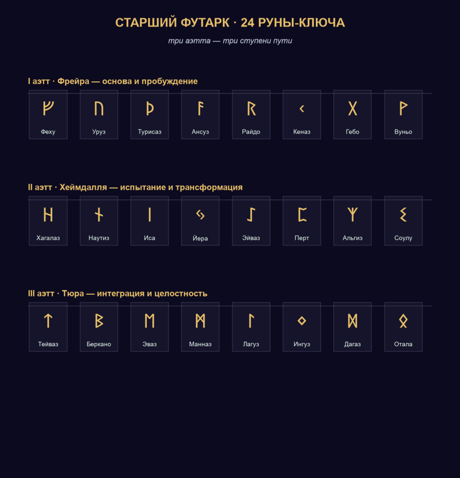 Старший Футарк — 24 руны, обретённые Одином на дереве Иггдрасиль, три атта